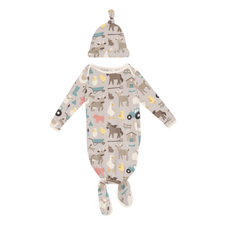 Kickee Pants Knotted Layette Gown & Hat Set - Latte Morning on the Farm