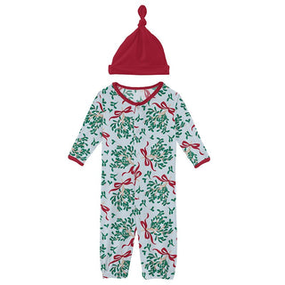 Kickee Pants Layette Gown Converter & Single Knot Hat Set - Illusion Blue Mistletoe & Ribbons