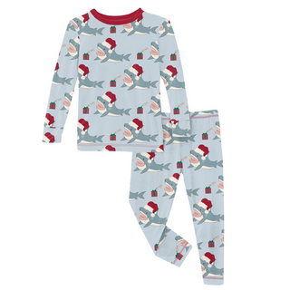 Kickee Pants Long Sleeve Pajama Set - Illusion Blue Holiday Sharks