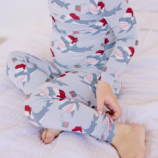 Kickee Pants Long Sleeve Pajama Set - Illusion Blue Holiday Sharks