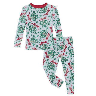 Kickee Pants Long Sleeve Pajama Set - Illusion Blue Mistletoe & Ribbons | Stylish Sleepies offer designs that make bedtime beautiful.