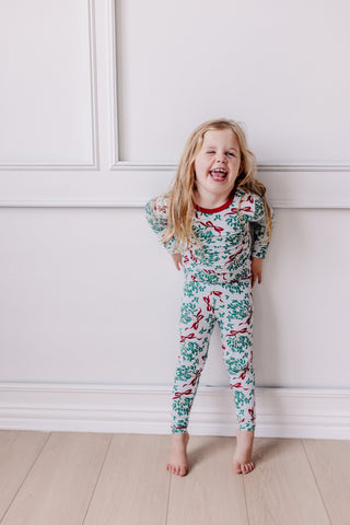 Kickee Pants Long Sleeve Pajama Set - Illusion Blue Mistletoe & Ribbons 