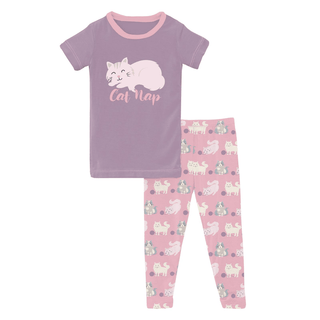 Kickee Pants Short Sleeve Graphic Tee Pajama Set - Cake Pop Cats and Yarn