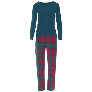 Bamboo Long Sleeve Relaxed Tee & Pajama Pants Set - Peacock Plaid Pajamas