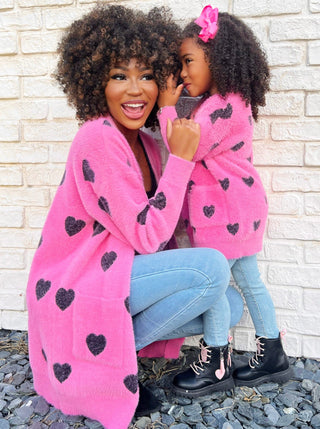 Pink Oversized Knit Cardigan - Heart Print - I Love You Lots | Baby Riddle