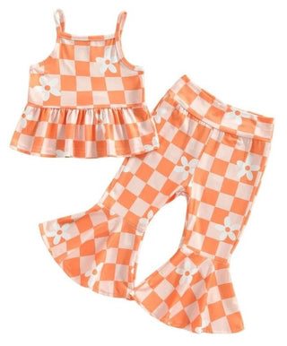 Girl's Spaghetti Strap Peplum Top and Bell Bottom Pants Outfit Set - Orange Floral Checkerboard Baby & Toddler Outfits