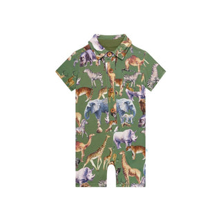 Posh Peanut Boy's Short Sleeve Collared Henley Romper - Posh Safari