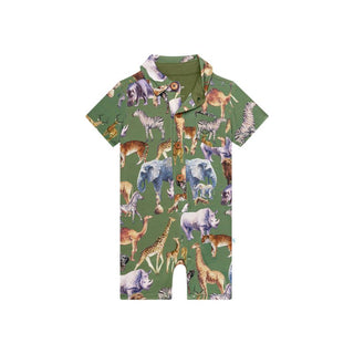 Posh Peanut Boy's Short Sleeve Collared Henley Romper - Posh Safari