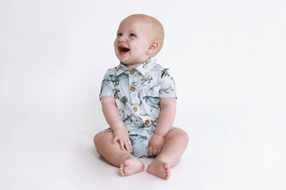 Boy's Bamboo Short Sleeve Collared Henley Romper - Sharkly Baby One-Pieces