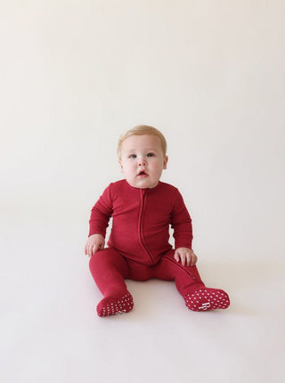 Bamboo Footie with Zipper - Crimson Waffle Baby & Toddler Sleepwear