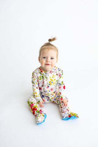 Girl's Bamboo Ruffle Footie with Zipper - Barbara (Floral) Posh Peanut