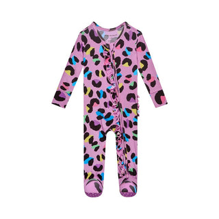 Posh Peanut Girl's Ruffle Footie with Zipper - Electric Leopard