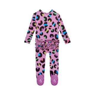 Posh Peanut Girl's Ruffle Footie with Zipper - Electric Leopard