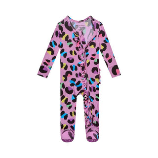 Posh Peanut Girl's Ruffle Footie with Zipper - Electric Leopard