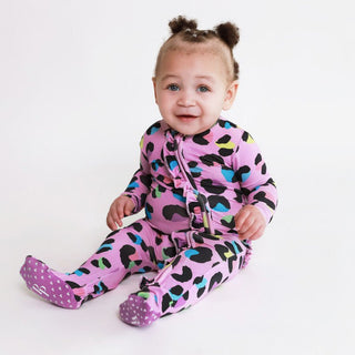 Posh Peanut Girl's Ruffle Footie with Zipper - Electric Leopard