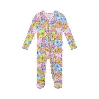 Posh Peanut Girl's Bamboo Ruffle Footie with Zipper - Kourtney (Floral) | These Sleepies provide comfort and delightful designs for joyful bedtimes.