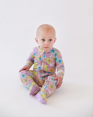 Posh Peanut Girl's Bamboo Ruffle Footie with Zipper - Kourtney (Floral)