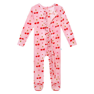 Posh Peanut Girl's Ruffle Footie with Zipper - Very Cherry