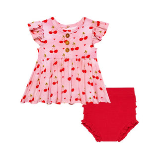 Posh Peanut Girl's Henley Peplum Top & Bloomer Set - Very Cherry