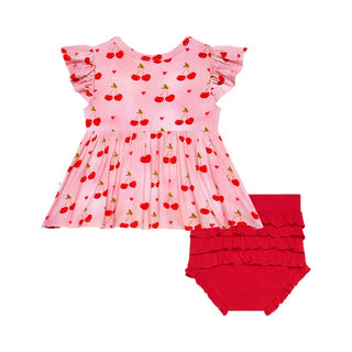 Posh Peanut Girl's Henley Peplum Top & Bloomer Set - Very Cherry