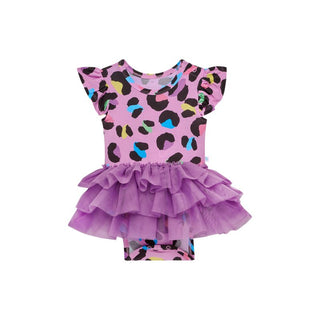 Girl's Bamboo Ruffled Cap Sleeve Tulle Skirt Bodysuit - Electric Leopard Baby One-Pieces