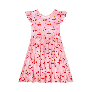 Posh Peanut Girl's Ruffled Cap Sleeve Twirl Dress - Very Cherry