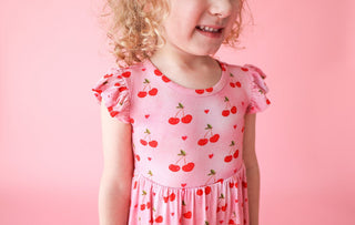 Posh Peanut Girl's Ruffled Cap Sleeve Twirl Dress - Very Cherry