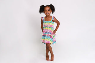 Posh Peanut Girl's Smocked Flutter Sleeve Babydoll Dress - Rainbow Butterfly