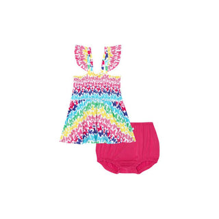 Posh Peanut Girl's Smocked Flutter Sleeve Babydoll Top & Bloomer Outfit Set - Rainbow Butterfly