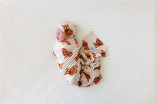 Bamboo Infant Swaddle and Beanie Set - Teddy Freddy Posh Peanut