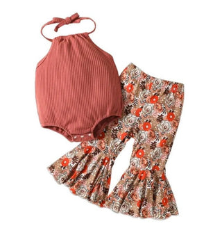 Girl's Rust Halter Top & Ruffle Pant Outfit Set - Floral Baby & Toddler Outfits