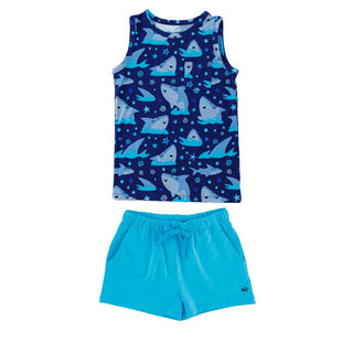 Boy's Bamboo Tank Top and Shorts Outfit Set - Gavin (Baby Sharks)