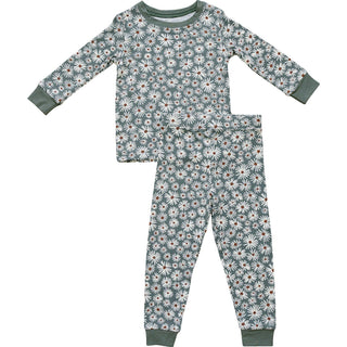 Ribbed Bamboo Long Sleeve Pajama Set - Dark Green Daisy