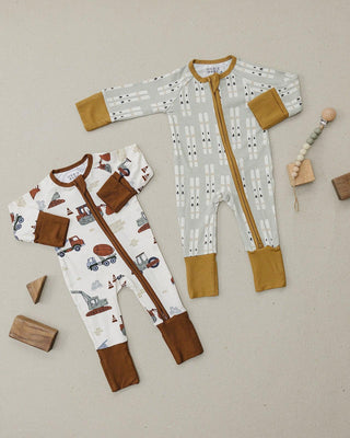 Ribbed Bamboo Convertible Footie Romper - Construction Trucks