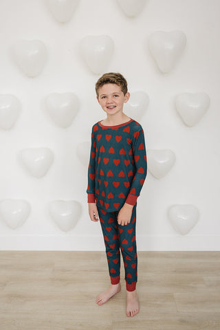 Ribbed Bamboo Long Sleeve Pajama Set - Navy + Red Hearts