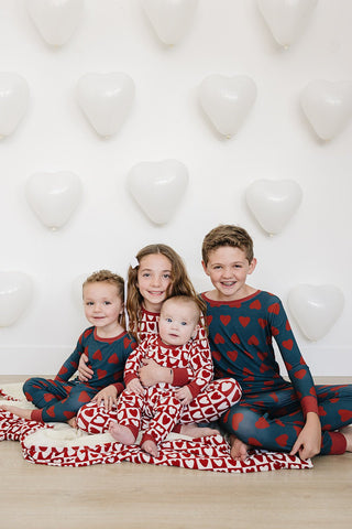 Ribbed Bamboo Long Sleeve Pajama Set - Navy + Red Hearts