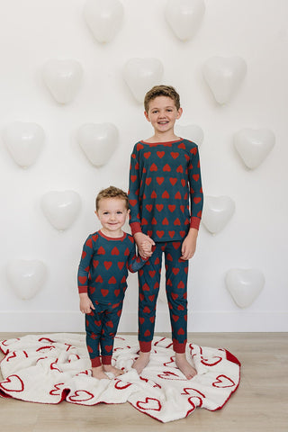 Ribbed Bamboo Long Sleeve Pajama Set - Navy + Red Hearts