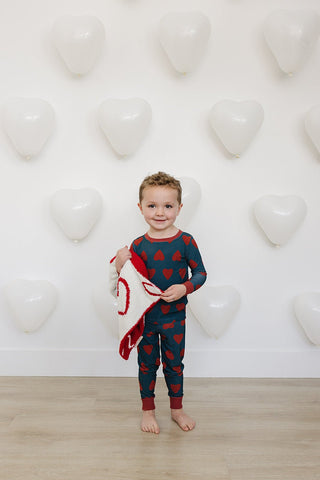 Ribbed Bamboo Long Sleeve Pajama Set - Navy + Red Hearts