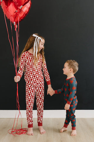 Ribbed Bamboo Long Sleeve Pajama Set - Navy + Red Hearts