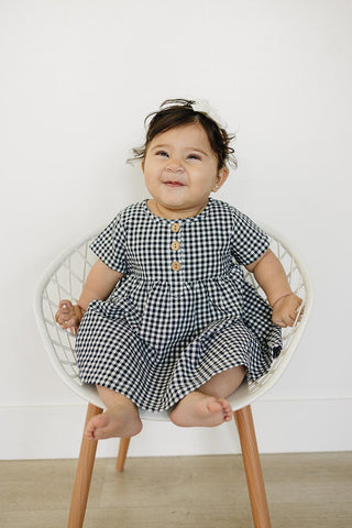 Navy Gingham Linen Cotton Dress - Timeless Style