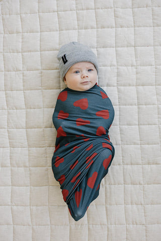 Bamboo Stretch Swaddle Blanket - Navy + Red Hearts