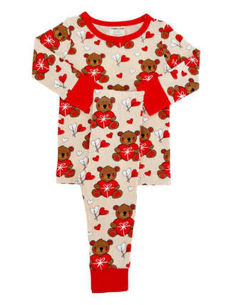 The SpearmintLOVE Long Sleeve 2-Piece Set - Valentine Bear showcases charming bears with white bows amid hearts on a light beige background, complete with red cuffs. Ideal for family matching, it includes a long-sleeve top and matching pants.