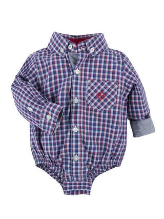 Boy's Long Sleeve Oxford Bodysuit - Red & Blue Tight Check Baby One-Pieces