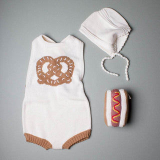 Organic Baby Gift Set - Hand Knit Pretzel Romper, Bonnet Rattle Toy Baby Gift Sets Baby Gift Sets