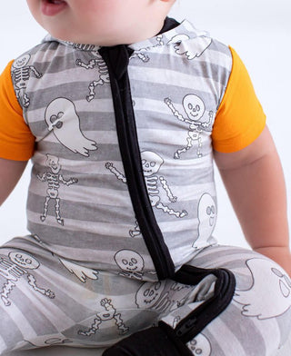 Birdie Bean Boy's Hooded Zipper Romper - Georgie (Stripes with Ghosts and Skeleton) Glow-in-the-Dark