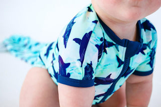 Birdie Bean Boy's Rash Guard Shortie Romper - Wade (Blue Tie Dye Ocean & Sharks)