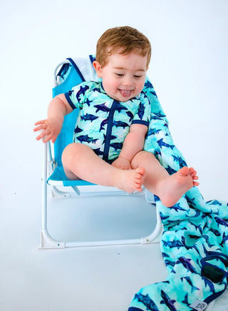 Birdie Bean Boy's Rash Guard Shortie Romper - Wade (Blue Tie Dye Ocean & Sharks)