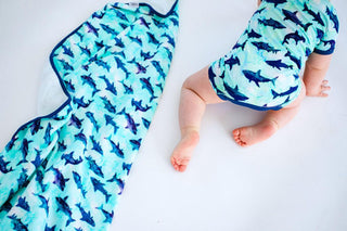 Birdie Bean Boy's Rash Guard Shortie Romper - Wade (Blue Tie Dye Ocean & Sharks)