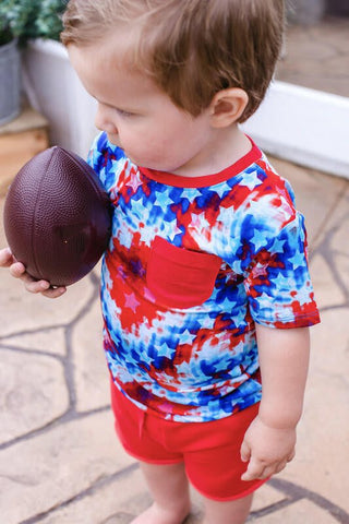 Boy's Bamboo Short Sleeve T-Shirt and Shorts Outfit Set - Maverick (Patriotic Tie Dye) Birdie Bean