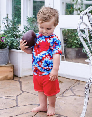 Boy's Bamboo Short Sleeve T-Shirt and Shorts Outfit Set - Maverick (Patriotic Tie Dye) Birdie Bean